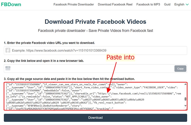 paste source code into fbdown